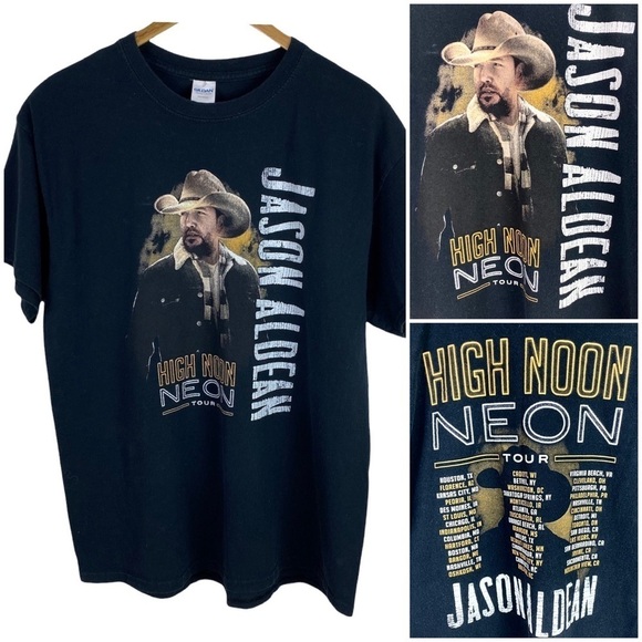Gildan Jason Aldean High Noon Neon Tour Tee T Shirt Black Concert Graphic Sz L - Picture 1 of 7